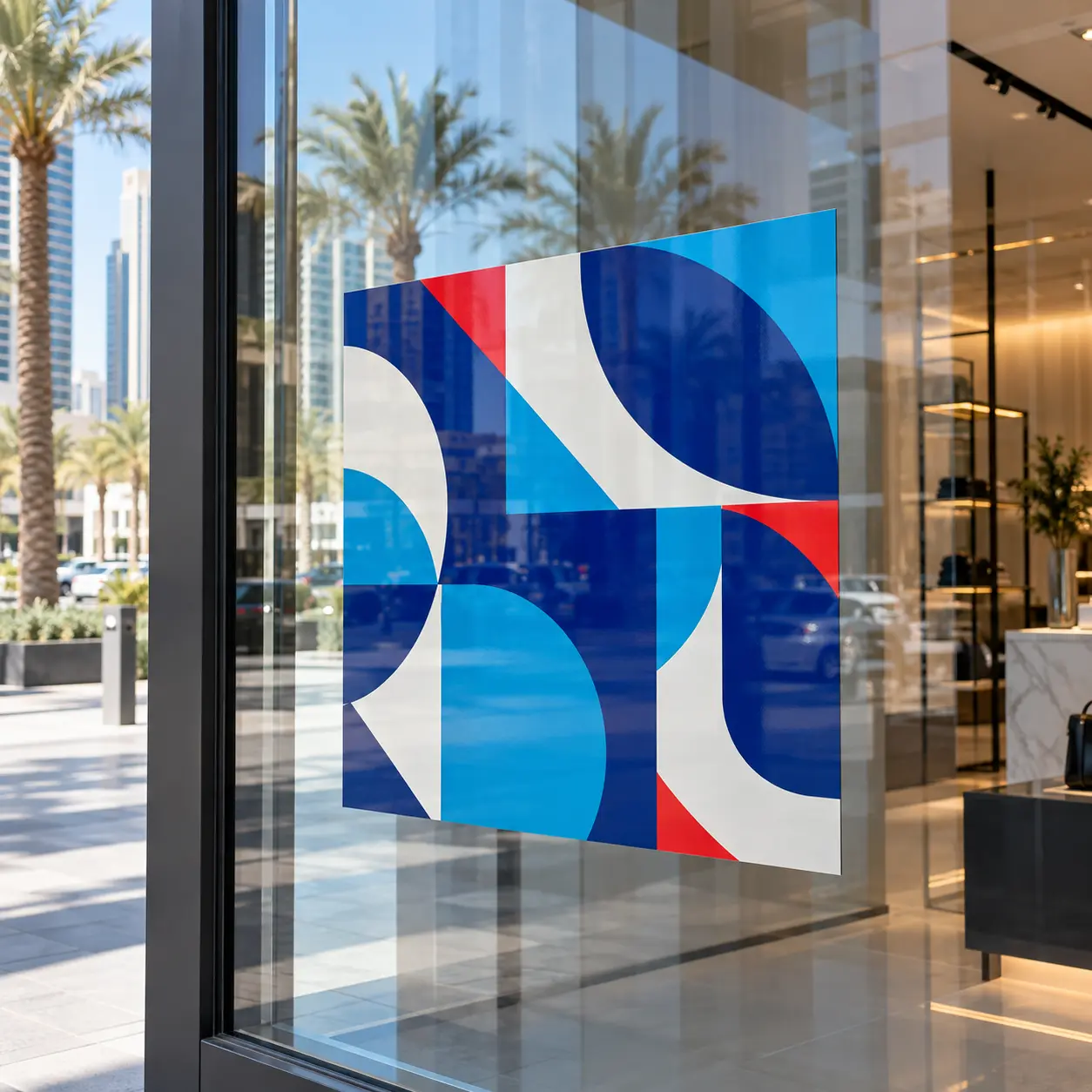 Double-sided window sticker front view installed on Dubai retail glass