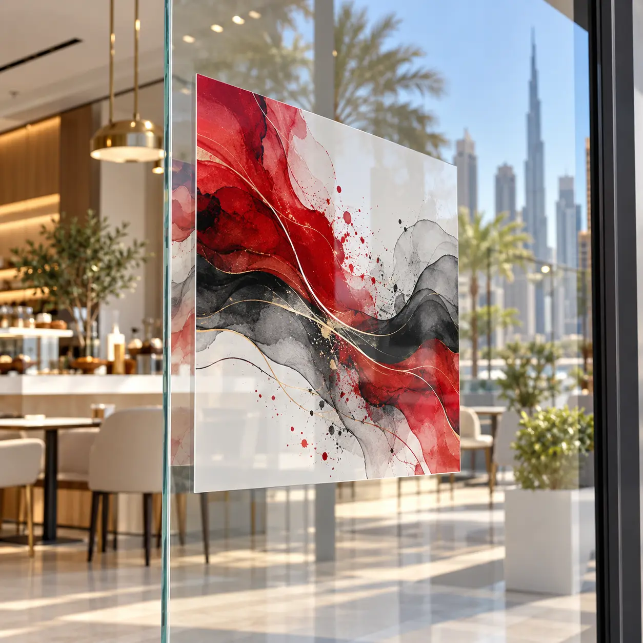 Custom double-sided window sticker installed on retail glass in Dubai