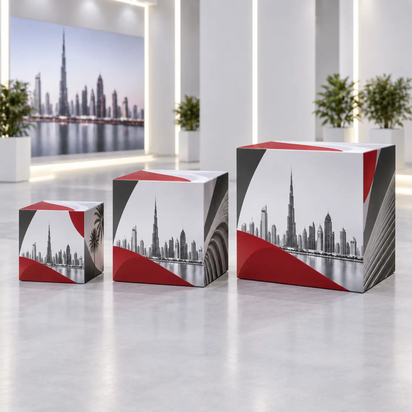 Custom printed display cubes in three sizes with Dubai skyline graphics