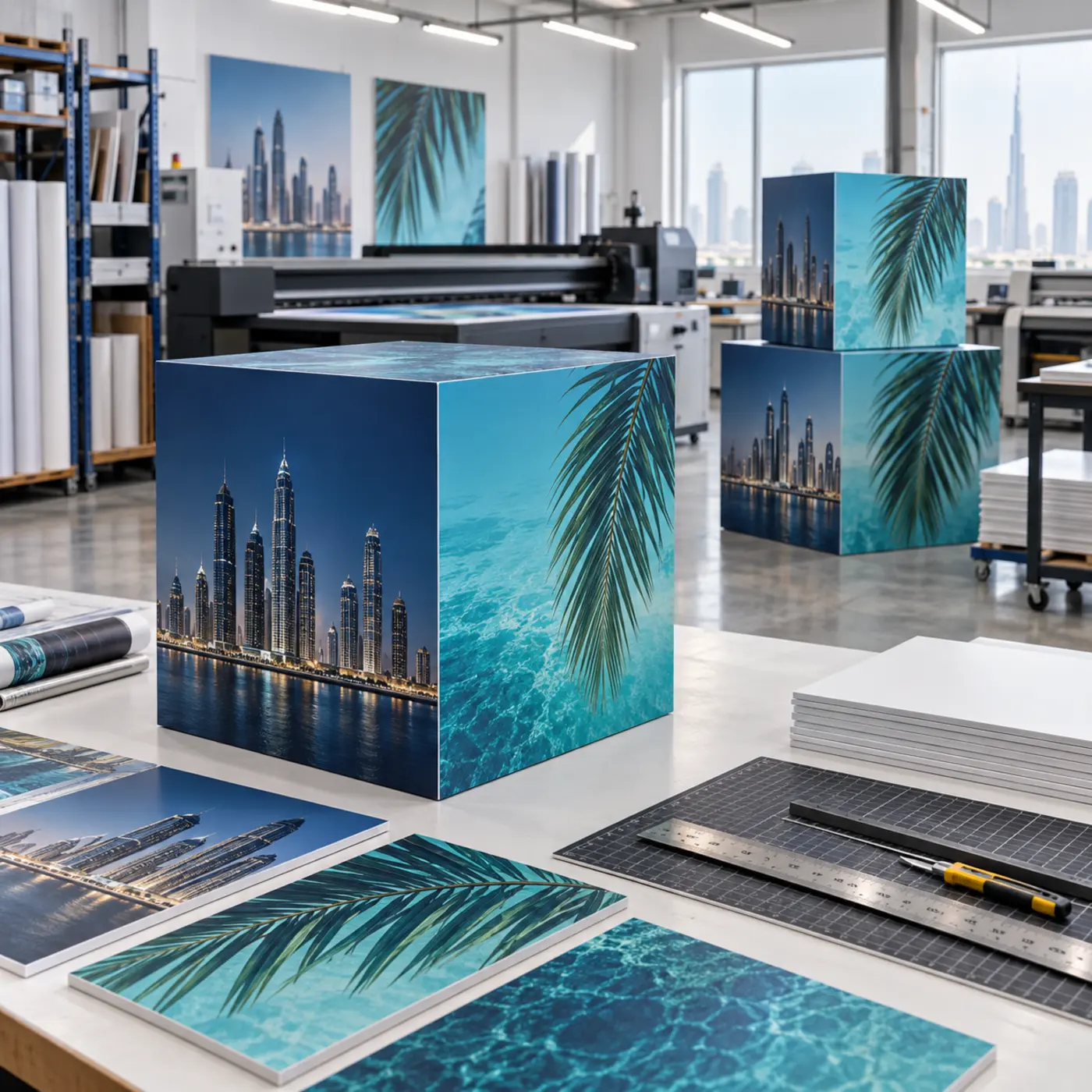Custom display cubes produced in-house at a professional Dubai printing studio