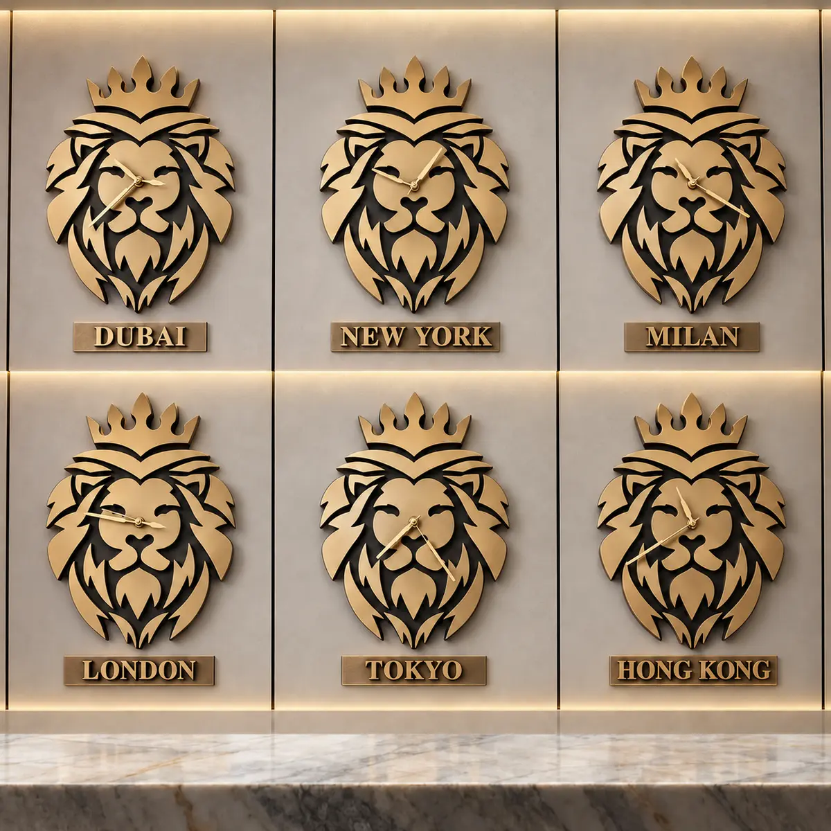 Custom gold lion world clocks in an alternative finish