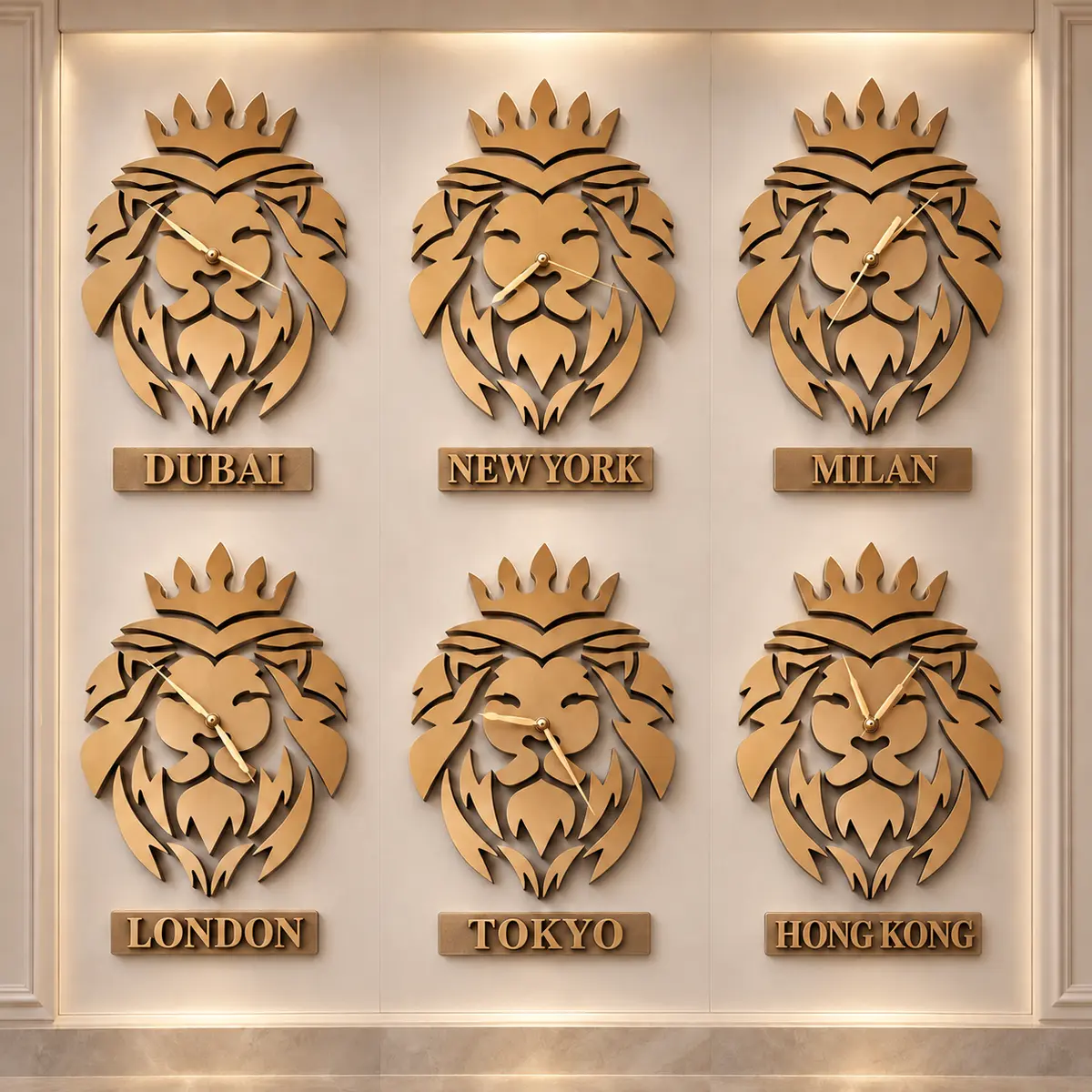 Six custom gold lion world clocks installed in a Dubai exchange office