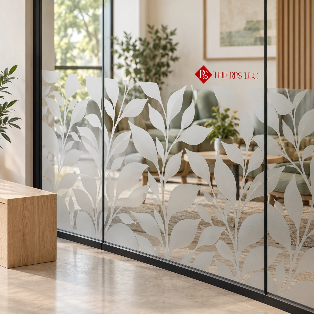 Frosted leaf and stem pattern with THE RPS LLC branding on a glass office lounge partition