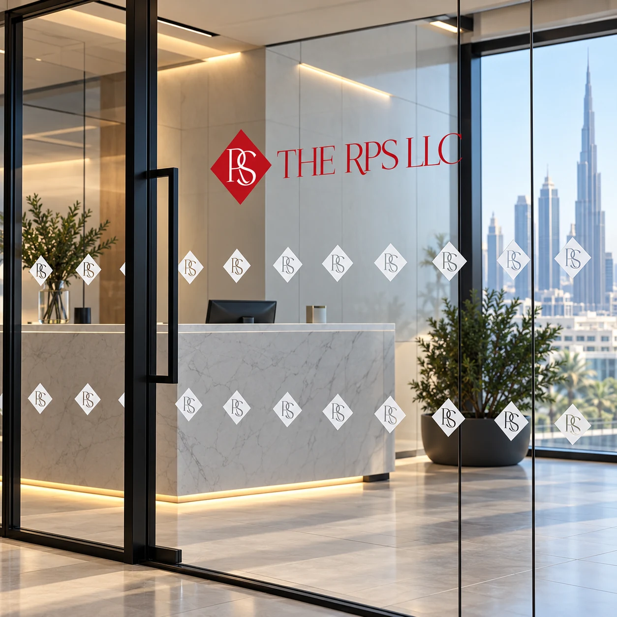Office glass door with rows of white diamond logo markings and THE RPS LLC branding.
