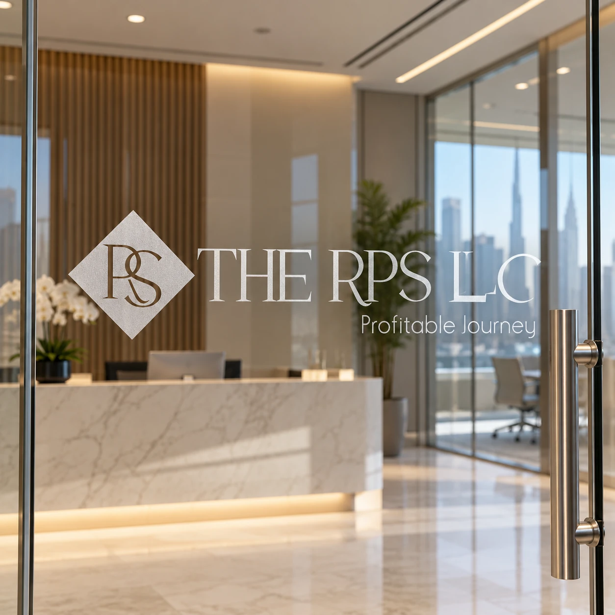 THE RPS LLC frosted vinyl logo and lettering on a clear office entrance door