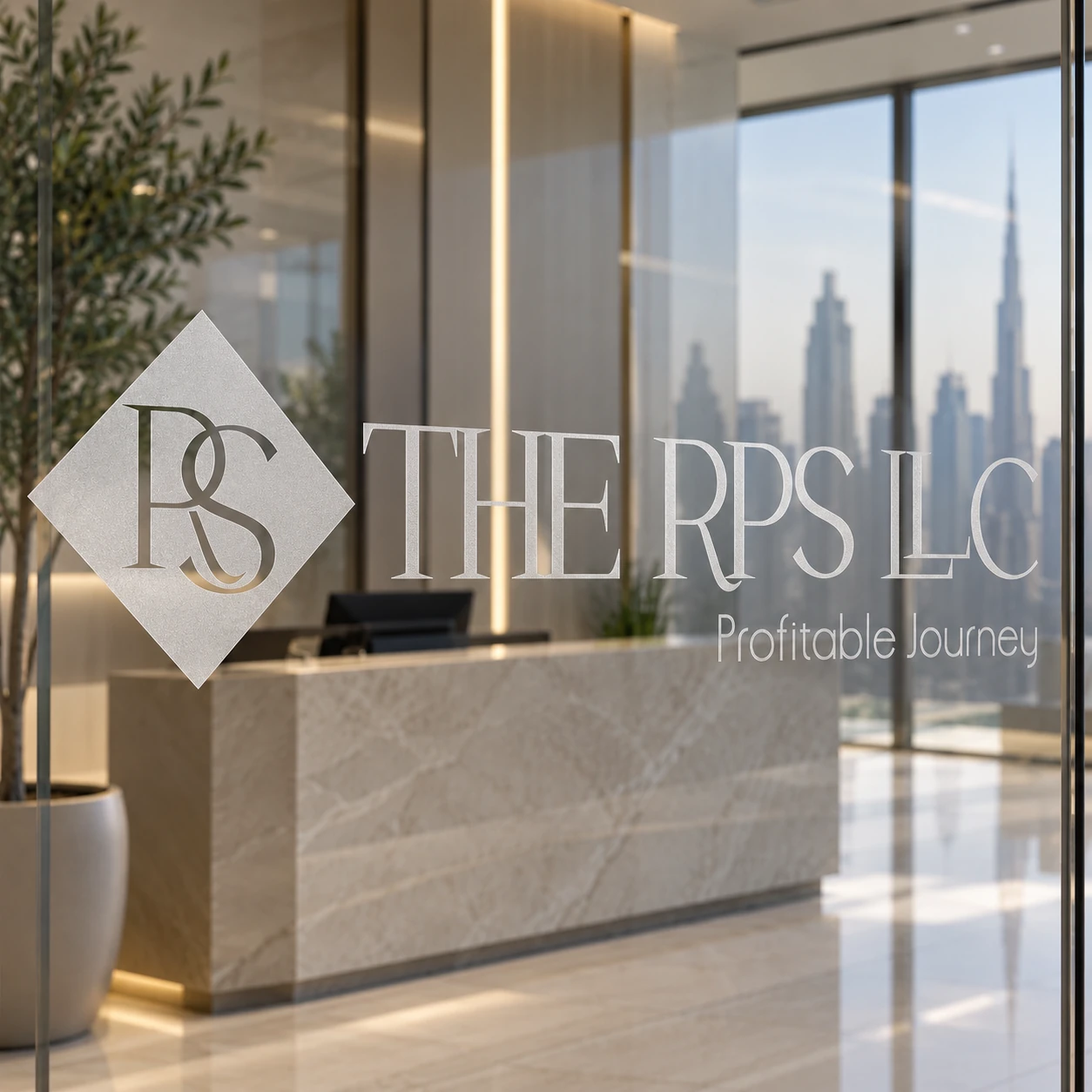 Frosted vinyl RS diamond logo and company lettering on reception glass