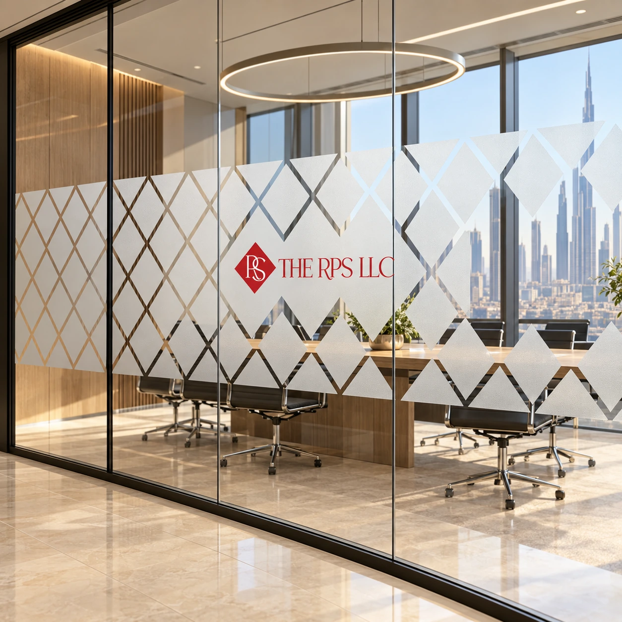 Diamond-pattern frosted film with THE RPS LLC branding on a modern office glass partition