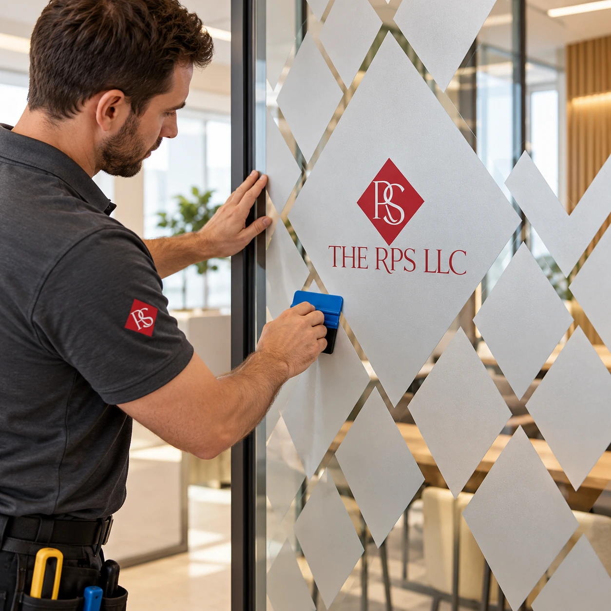 Installer using a squeegee to apply diamond-pattern frosted film with THE RPS LLC branding to office glass