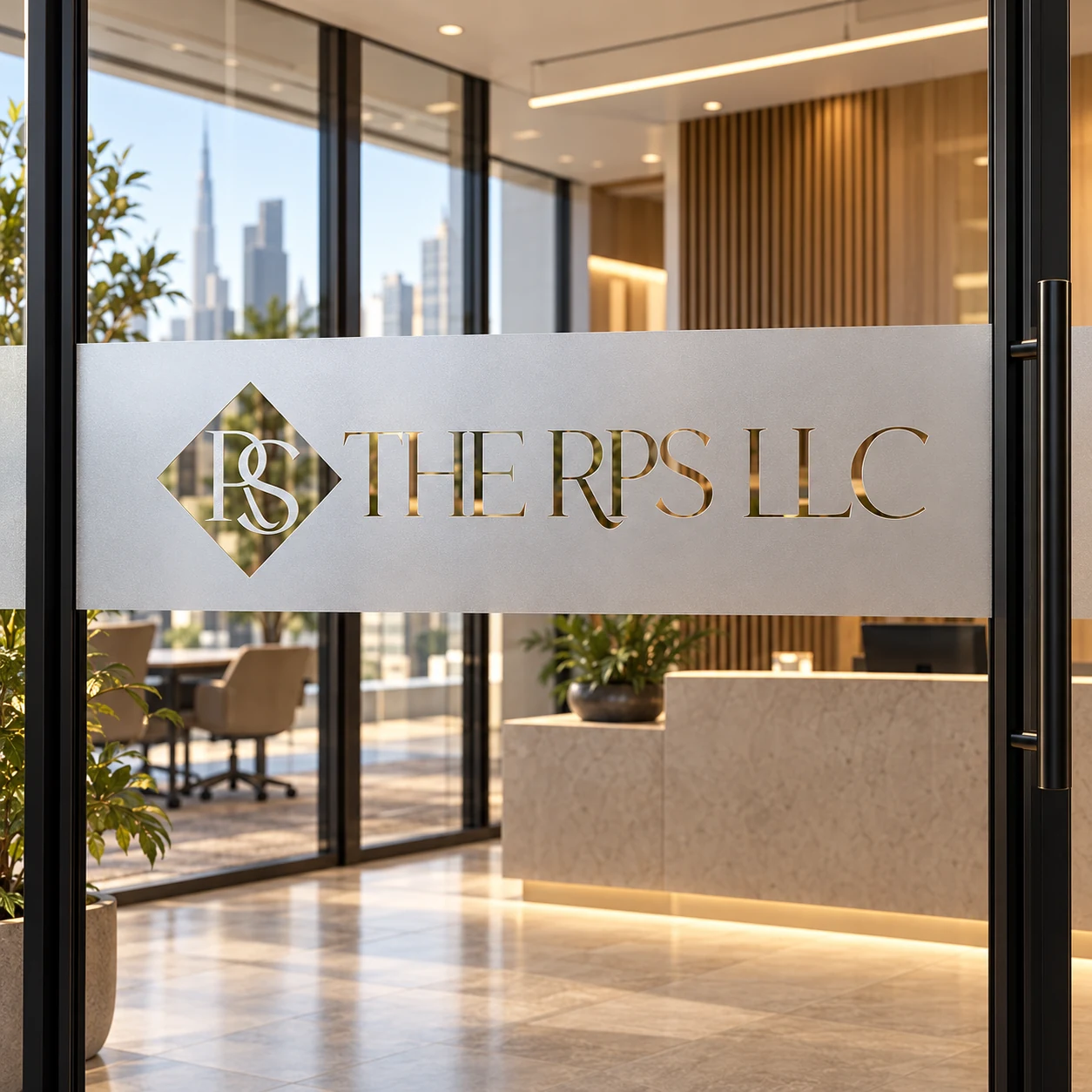 Reception glass door with frosted vinyl band and clear THE RPS LLC logo