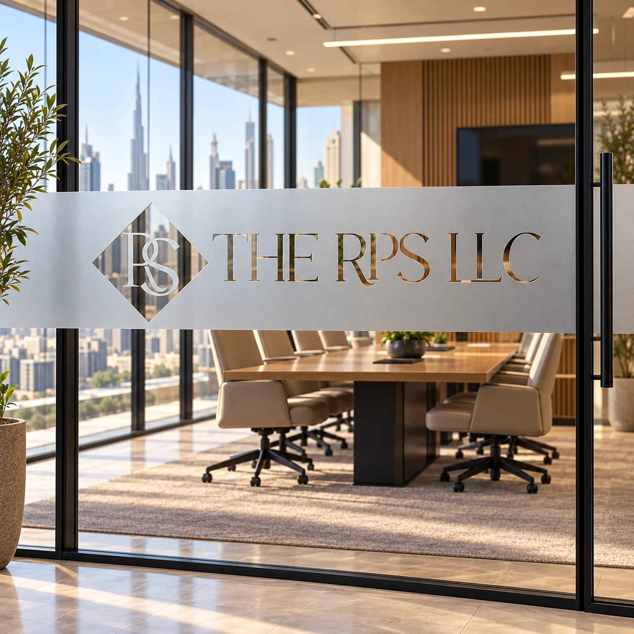 Etched-effect frosted privacy band with a clear THE RPS LLC logo cut-out on office glass