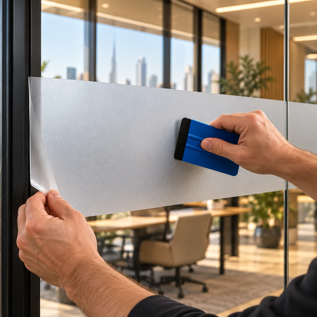 Installer smoothing etched-effect frosted film onto glass with a blue squeegee
