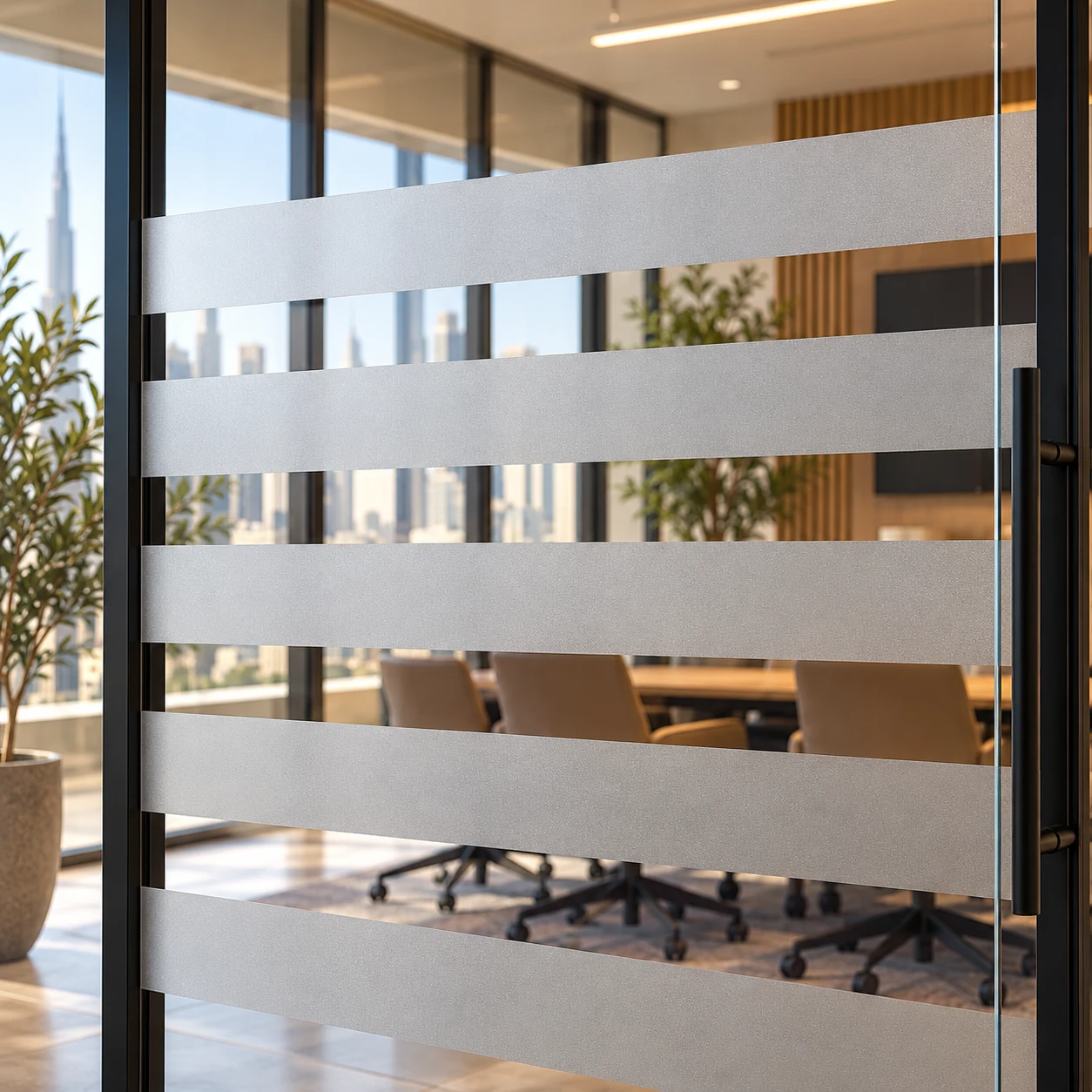 Horizontal etched-effect frosted vinyl stripes with clear gaps on an office partition