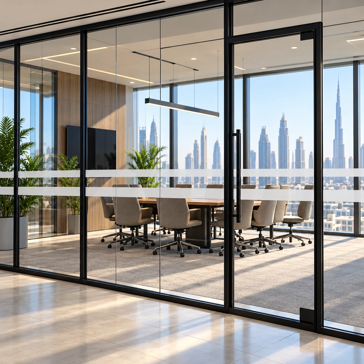 Two narrow frosted horizontal stripes across clear office glass partitions.