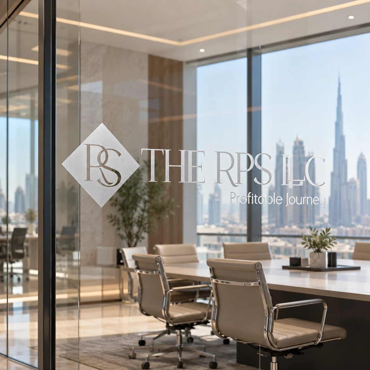 Custom cut frosted THE RPS LLC logo on a meeting-room glass partition