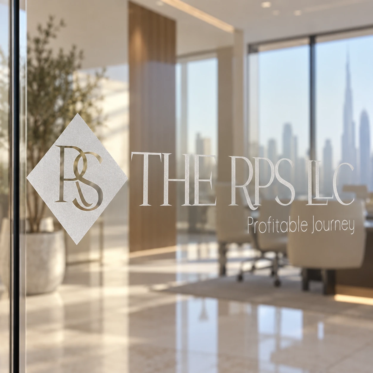 Close-up of the RS diamond monogram and cut frosted vinyl lettering on glass