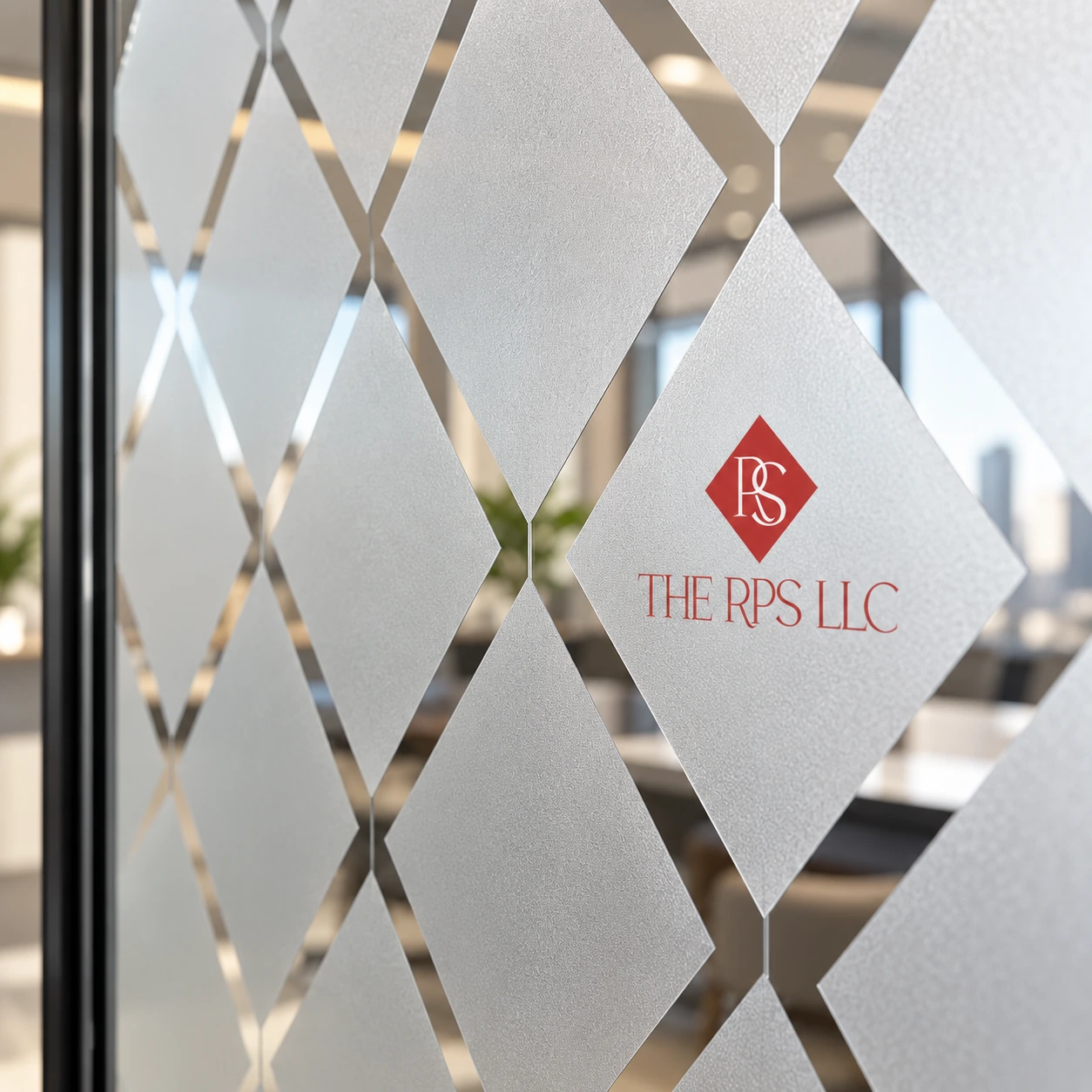 Close-up of matte diamond-pattern frosted film with clear gaps and red THE RPS LLC branding