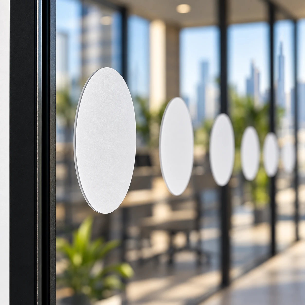 Close-up of white circular manifestation stickers on clear glass.