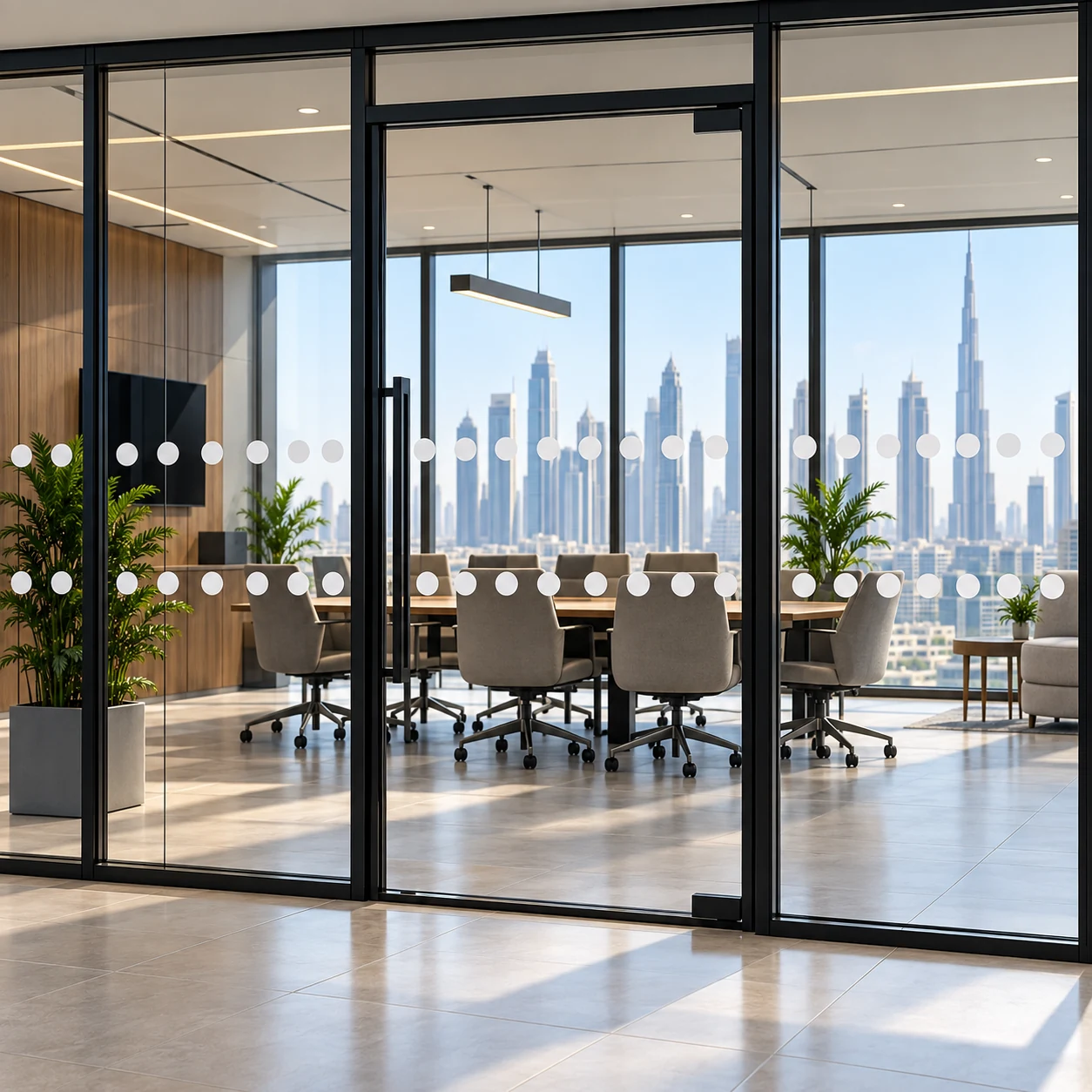 Two rows of white manifestation dots across clear office glass doors and partitions.