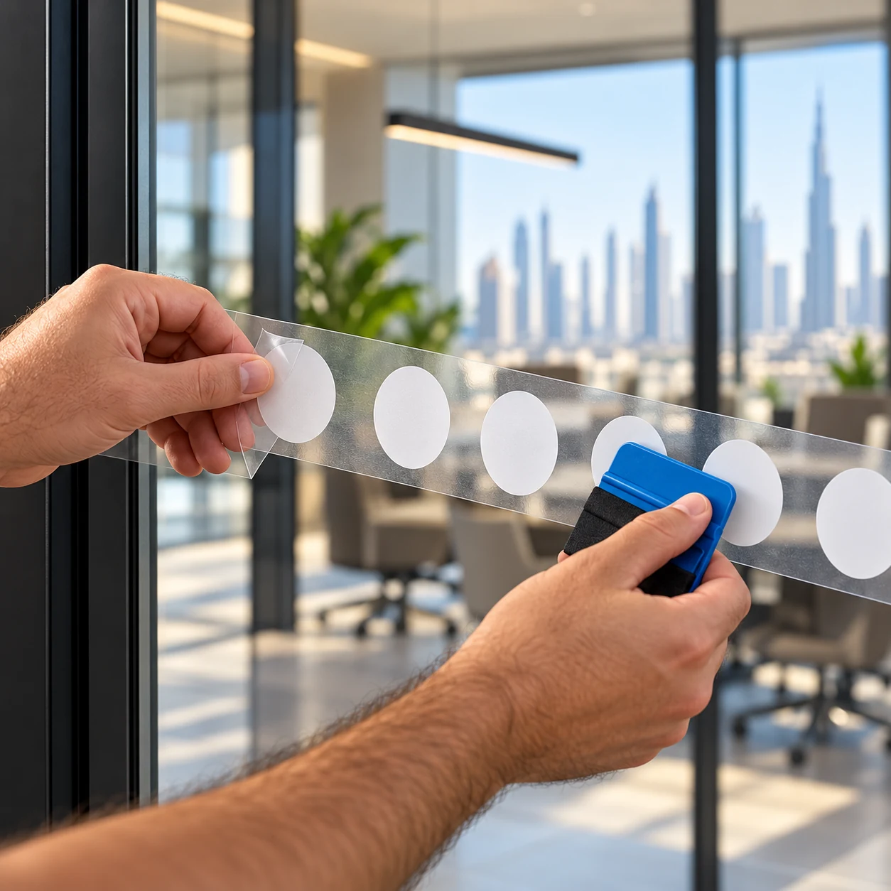 Installer applying white circular manifestation dots to glass using transfer film and a squeegee.