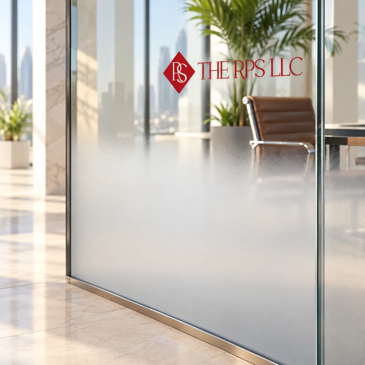 Close-up of frosted privacy film gradually fading to clear glass beside an office chair