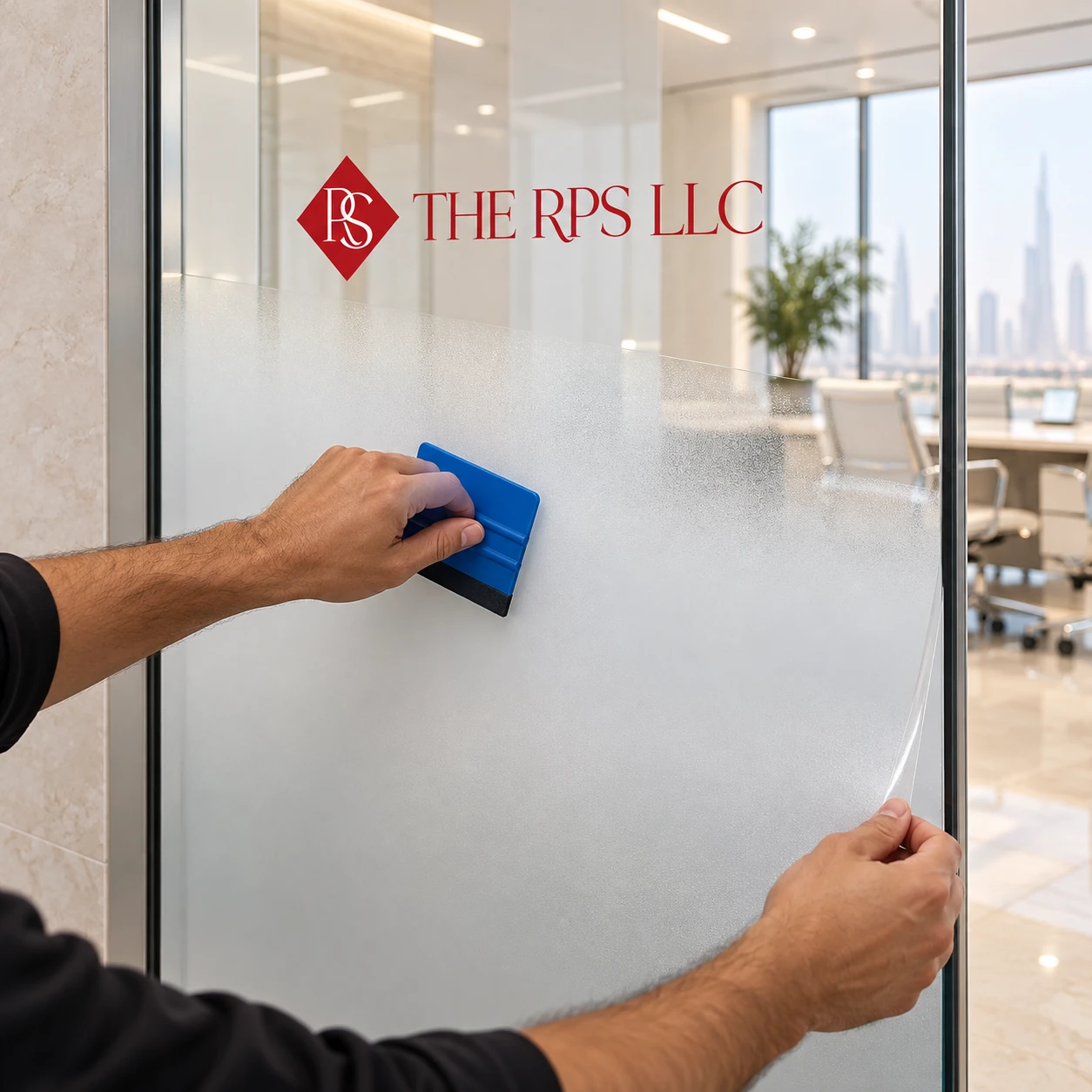 Installer applying gradient frosted film to office glass with a blue squeegee