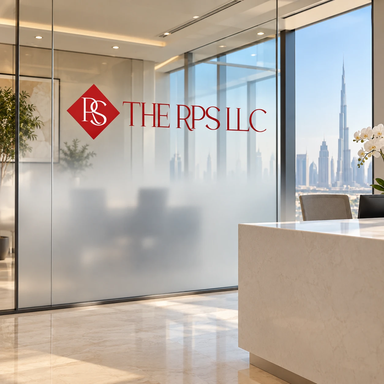Gradient frosted glass divider with THE RPS LLC logo beside an office reception desk