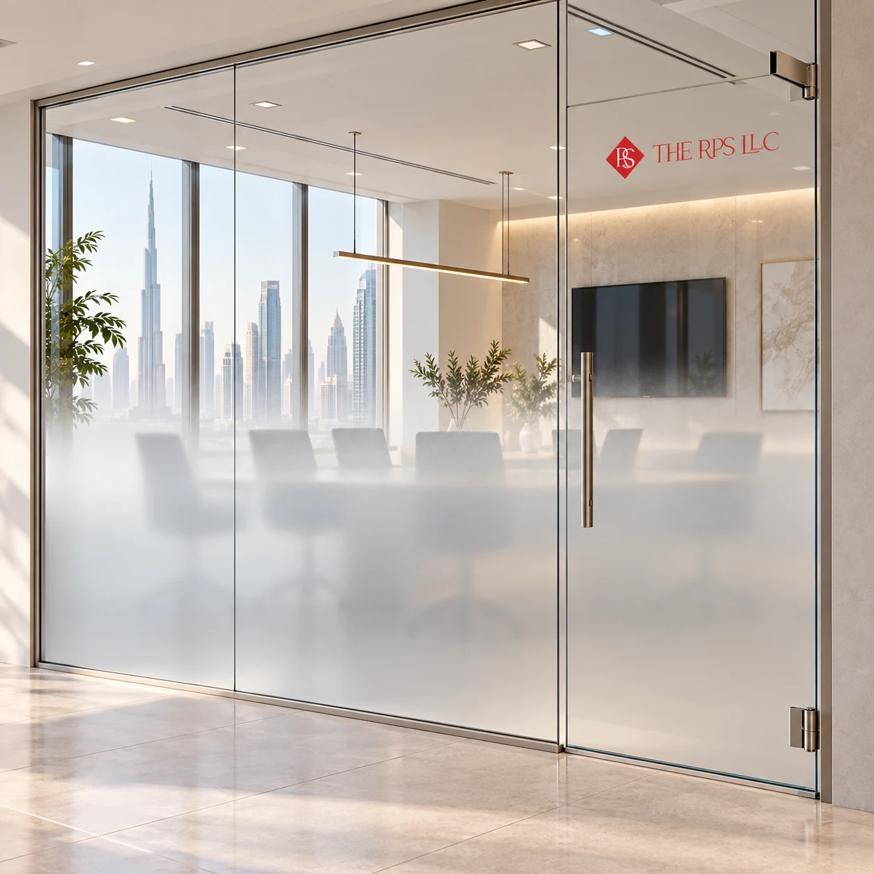 Gradient frosted film fading from a milky lower section to clear office glass with THE RPS LLC branding