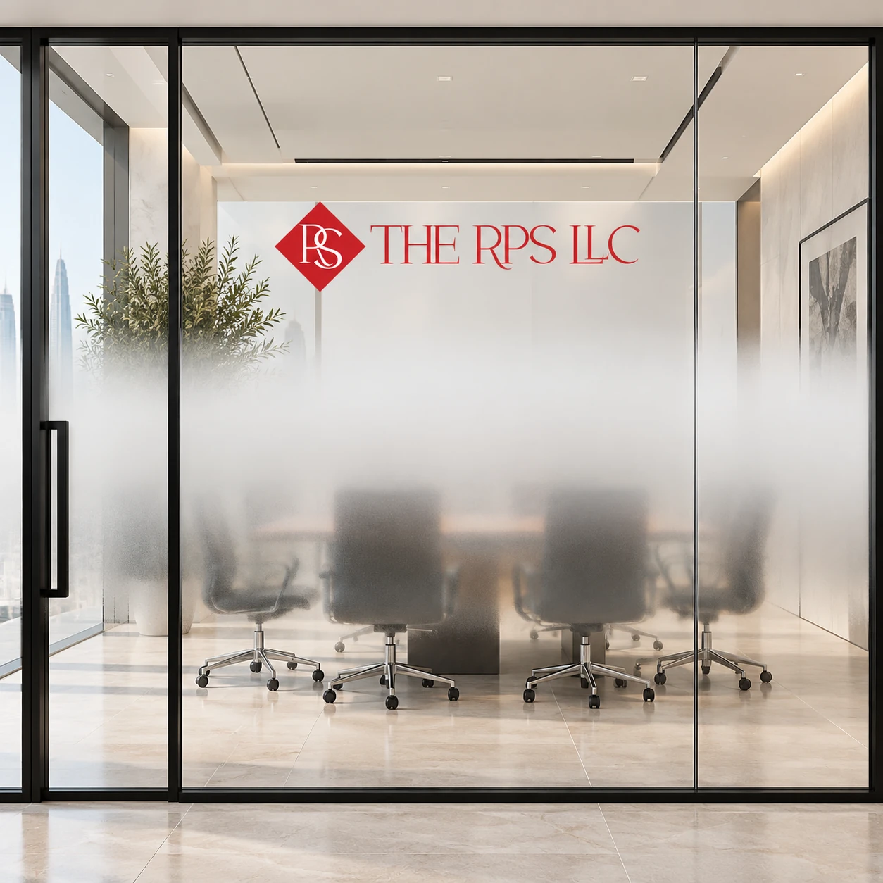 Central frosted privacy band fading to clear glass above and below on a meeting-room partition