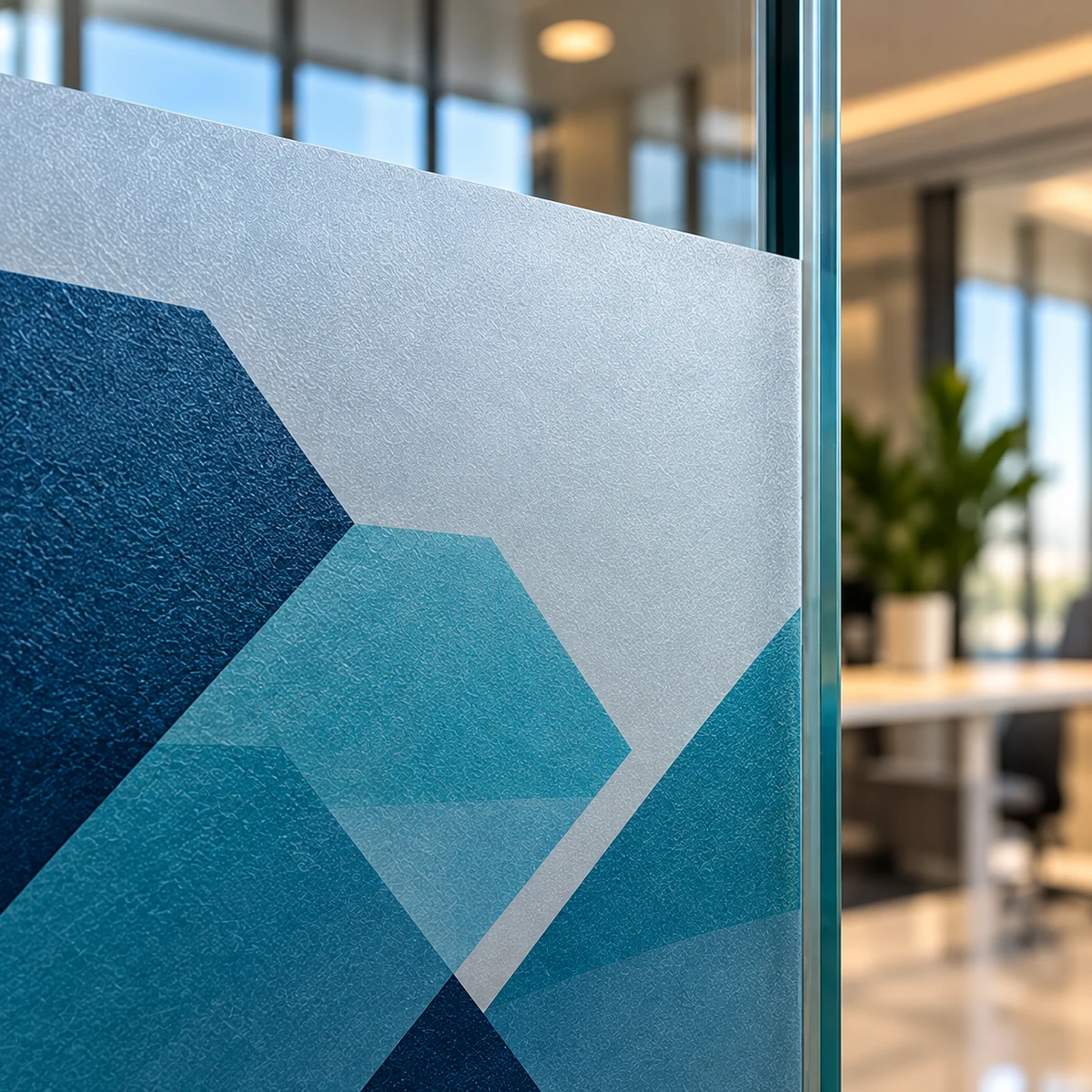 Close-up of blue and teal geometric printing on textured frosted glass film
