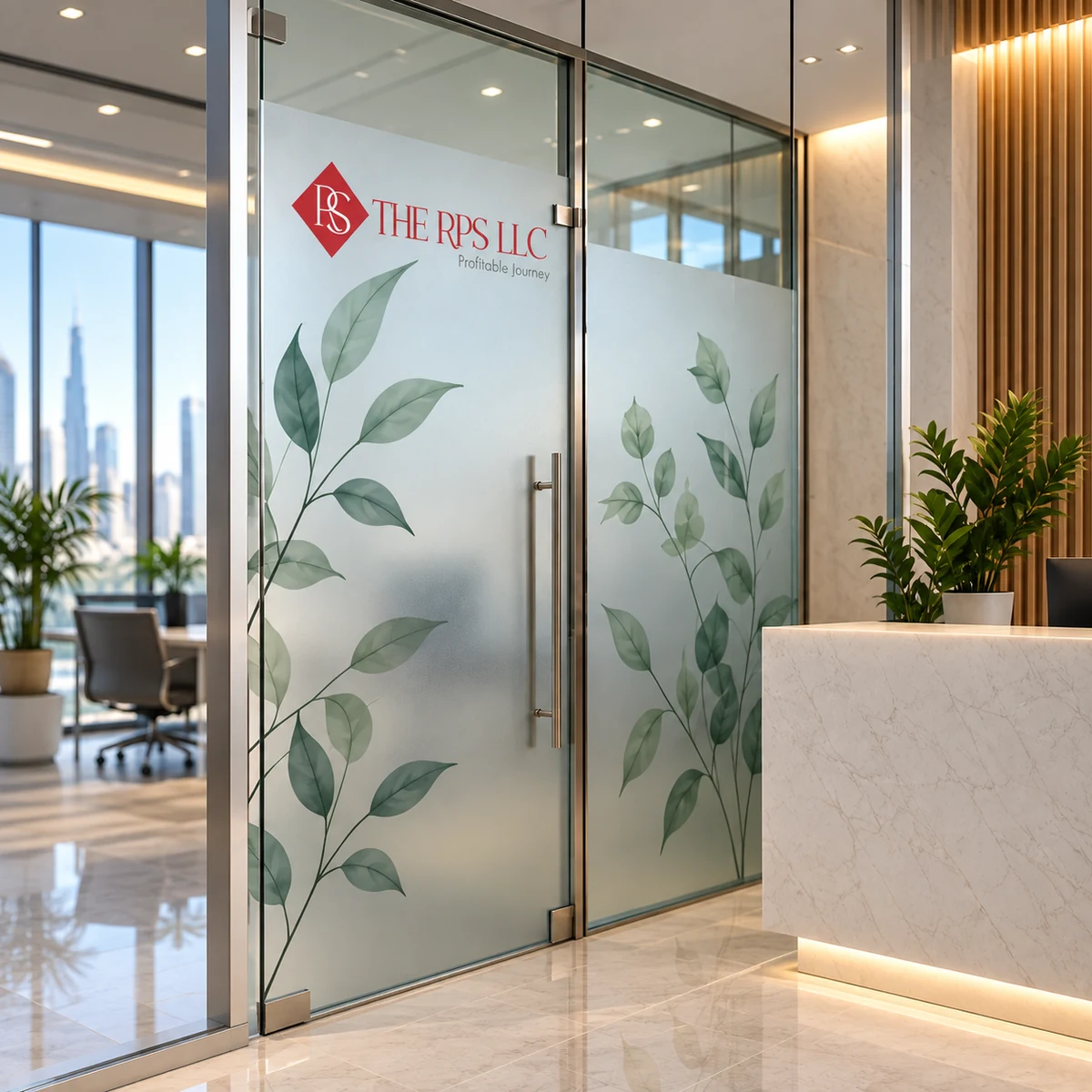 Frosted glass door with THE RPS LLC logo and green botanical printed artwork