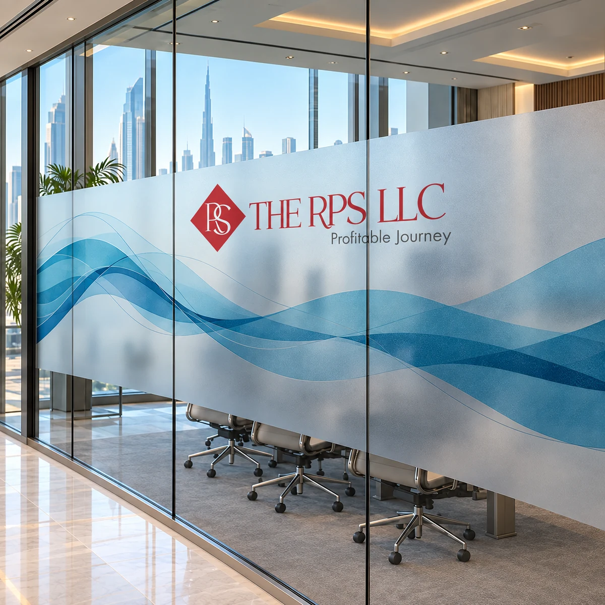 THE RPS LLC logo and blue wave graphics printed on a frosted office glass privacy band