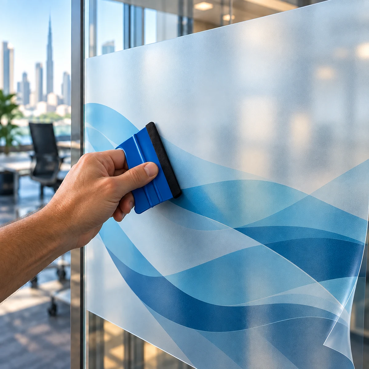 Installer using a blue squeegee to apply frosted film with blue wave artwork to glass