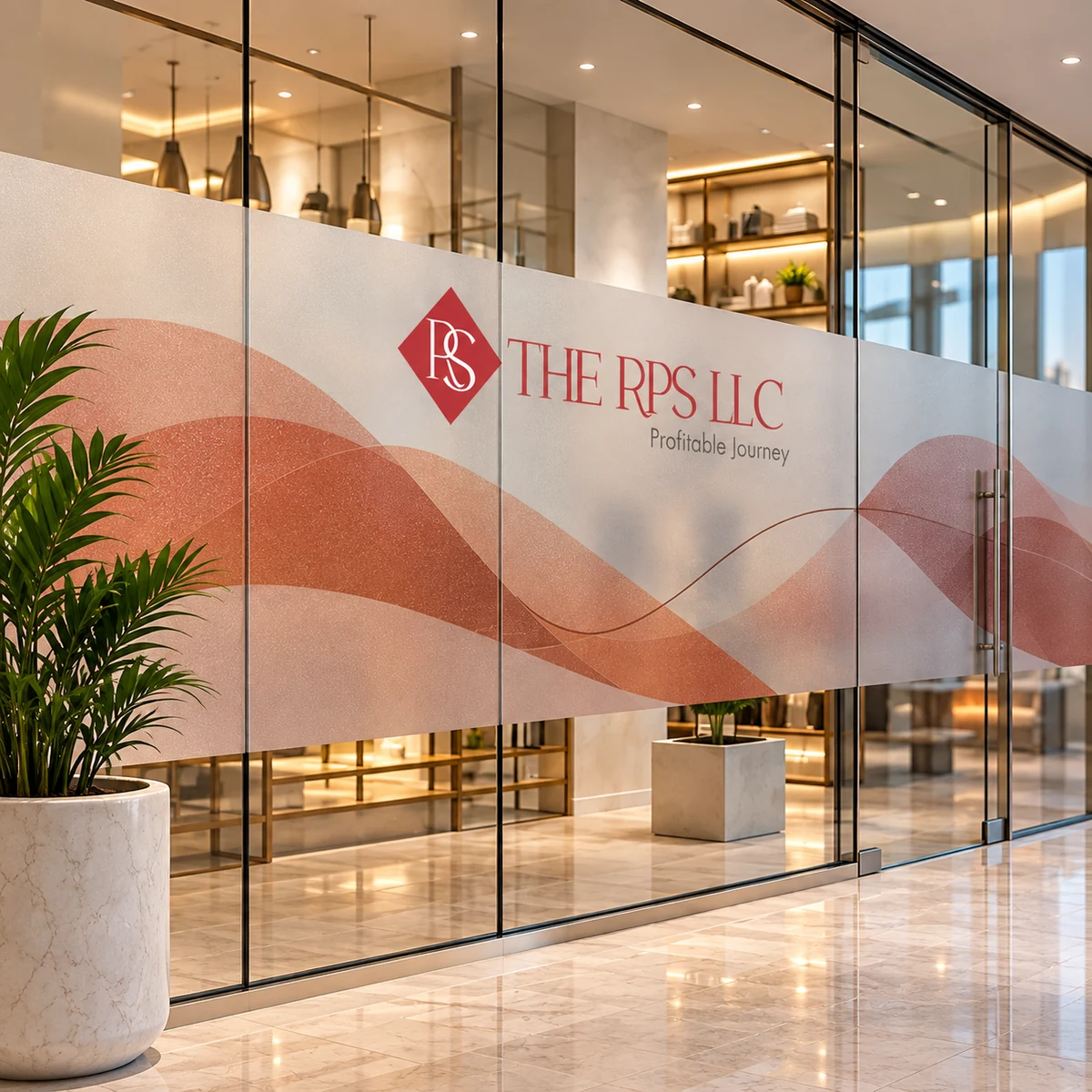 THE RPS LLC logo and terracotta artwork printed on a frosted retail glass privacy band