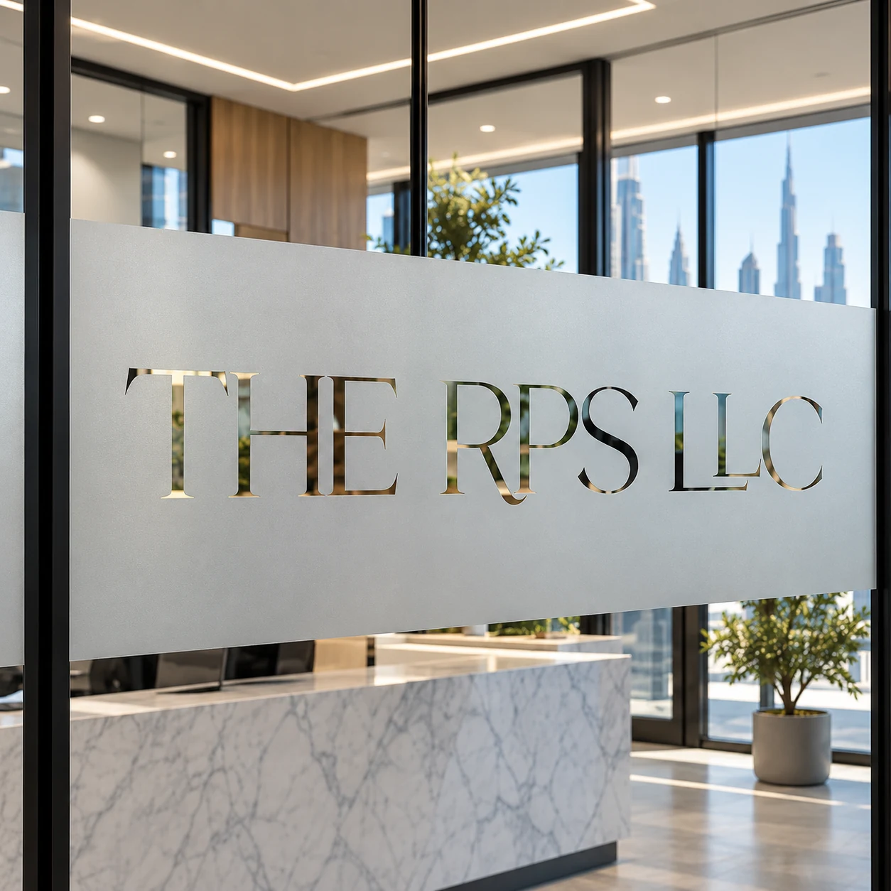 THE RPS LLC lettering cut out of a frosted band on reception glass.