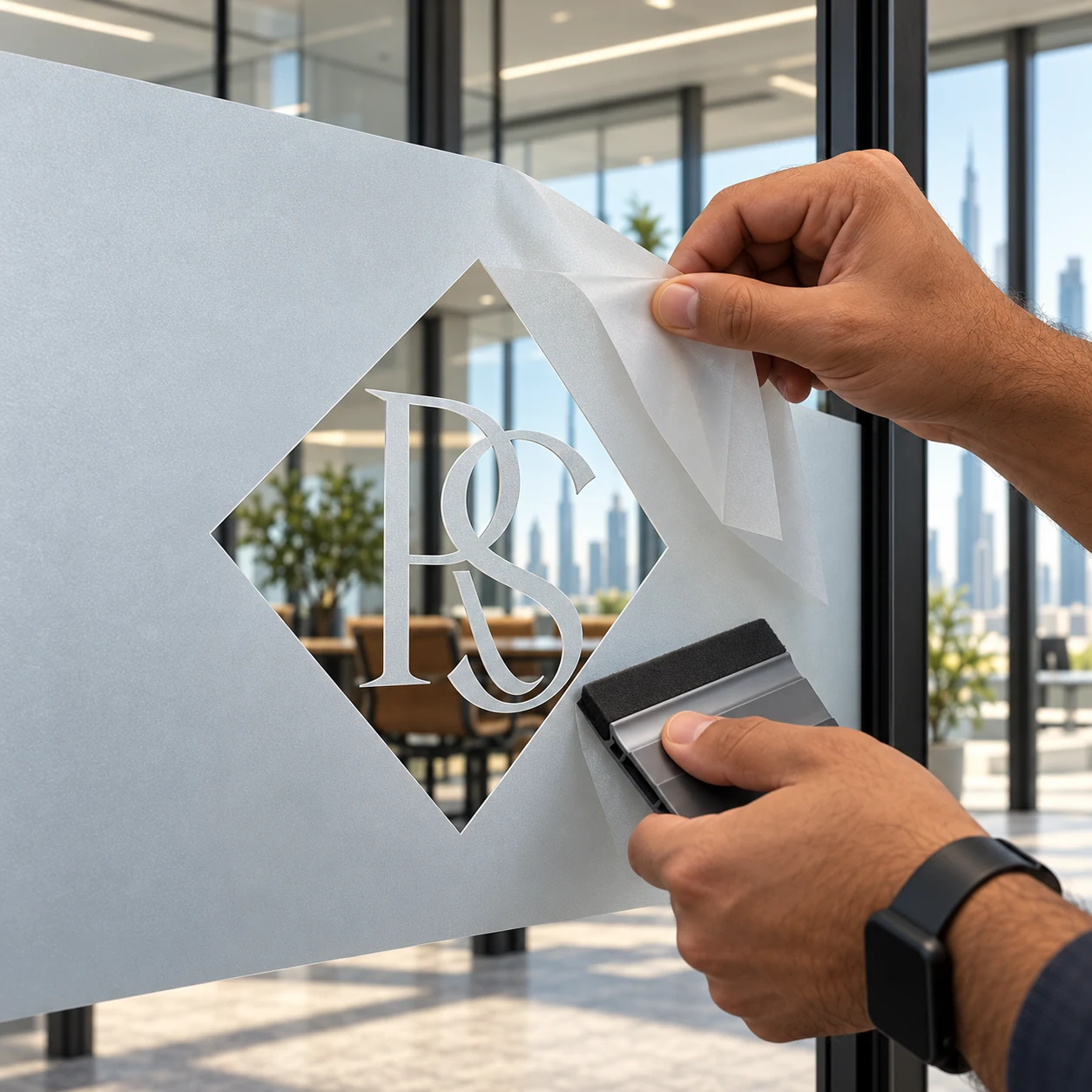 Hands applying reverse-cut frosted film around a diamond logo opening with transfer tape and a squeegee.