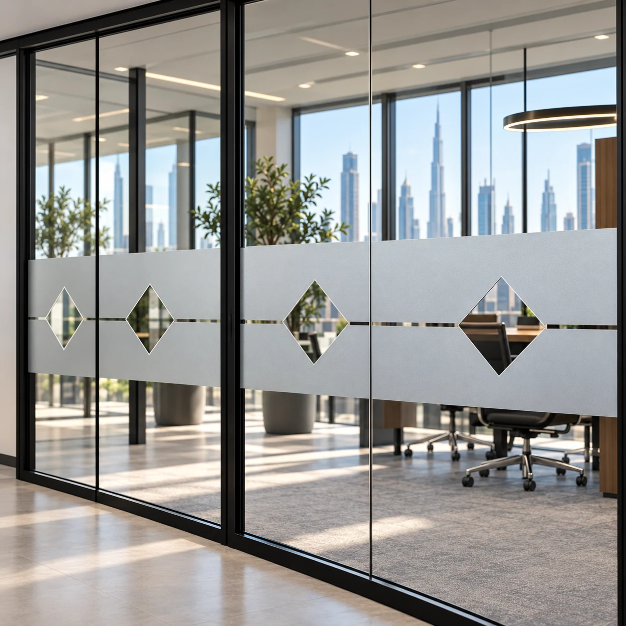 Repeated clear diamond cut-outs and a narrow clear stripe within frosted office glass film.