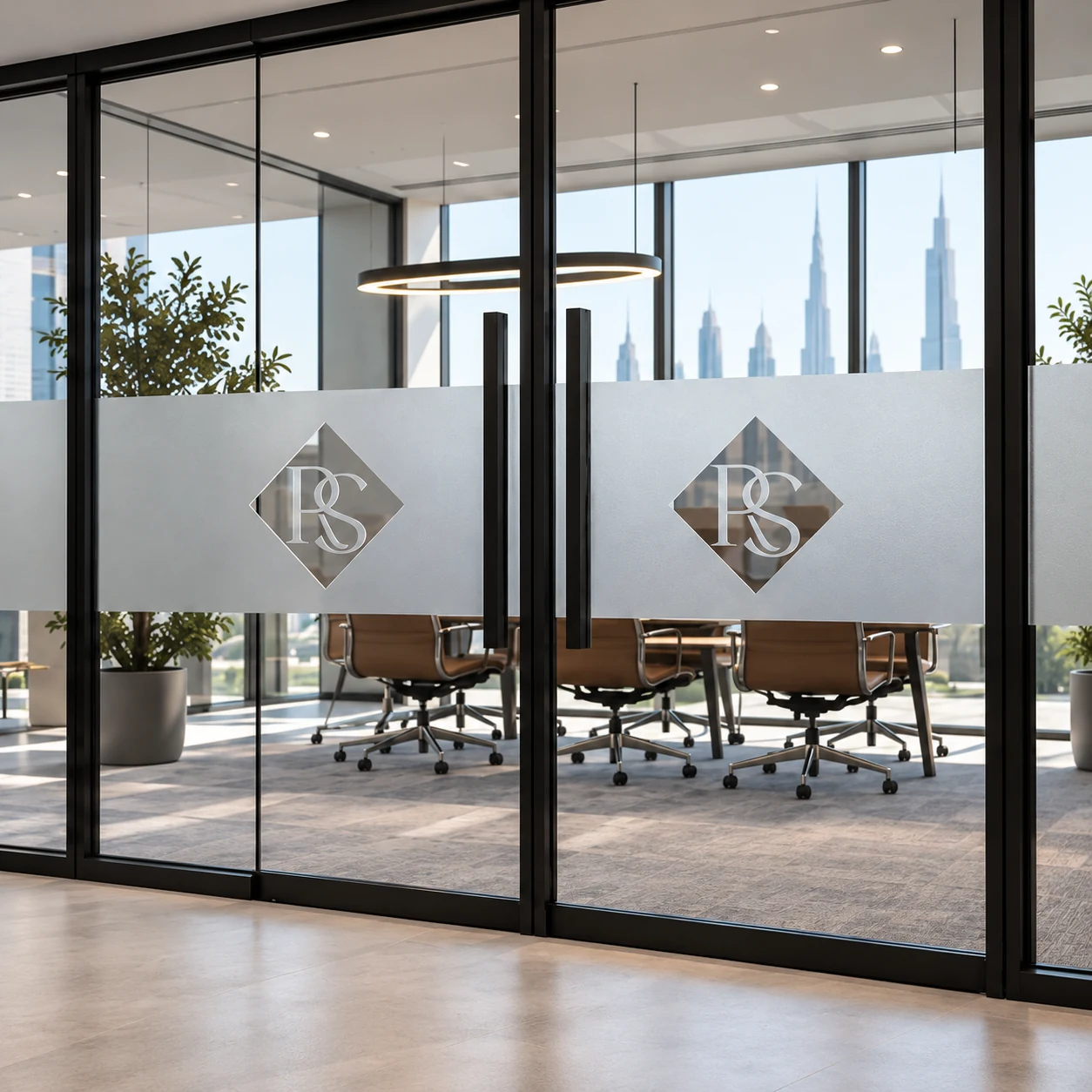 Office glass doors with frosted privacy bands and clear diamond logo cut-outs.