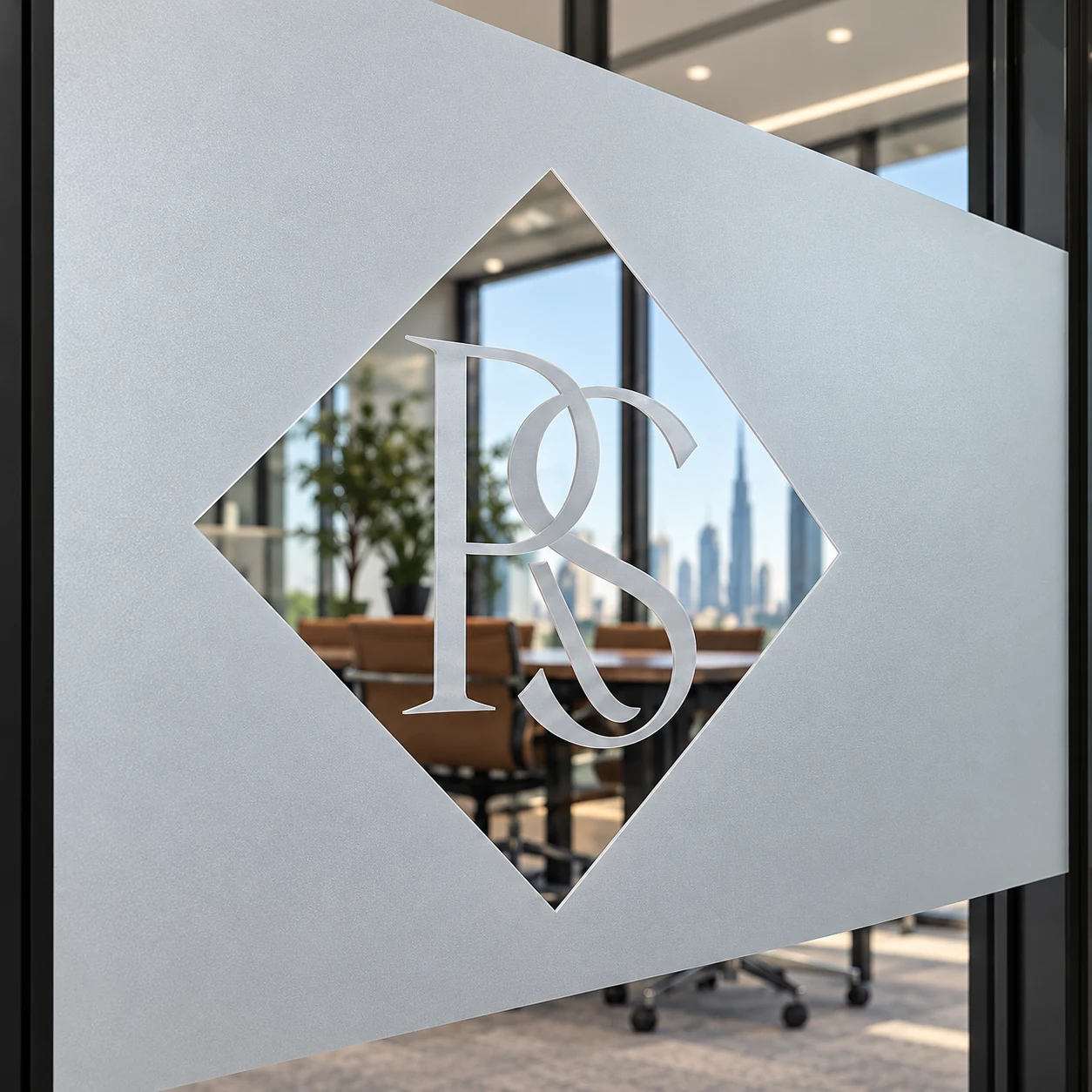 Close-up of a clear diamond opening with a frosted monogram in frosted glass film.