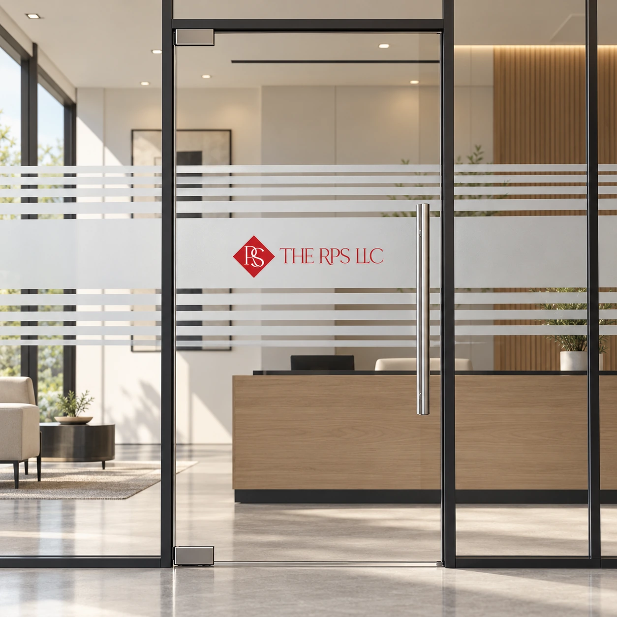 Horizontal frosted stripes and THE RPS LLC logo aligned across a reception glass door and adjacent panels
