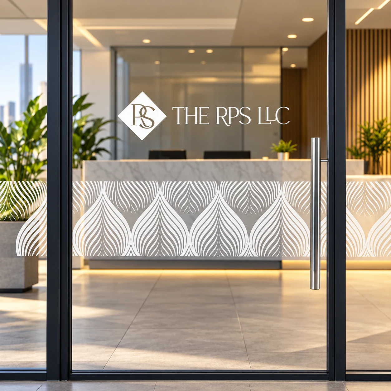 White THE RPS LLC logo and patterned privacy band on a glass reception door