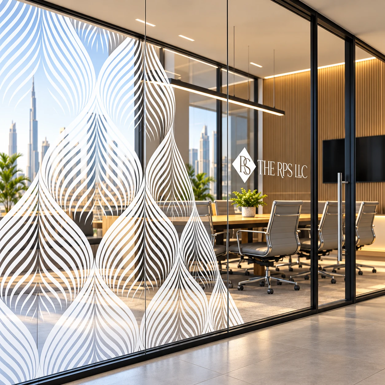 White botanical lines and THE RPS LLC logo printed on a meeting-room glass partition