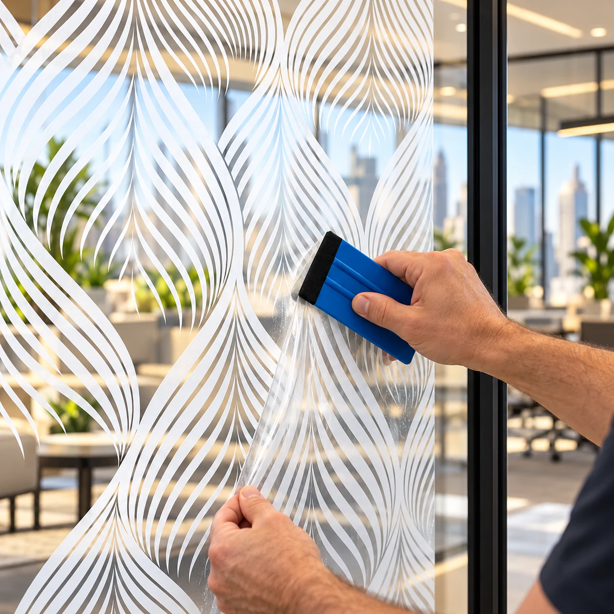 Installer smoothing white patterned window film onto office glass with a blue squeegee