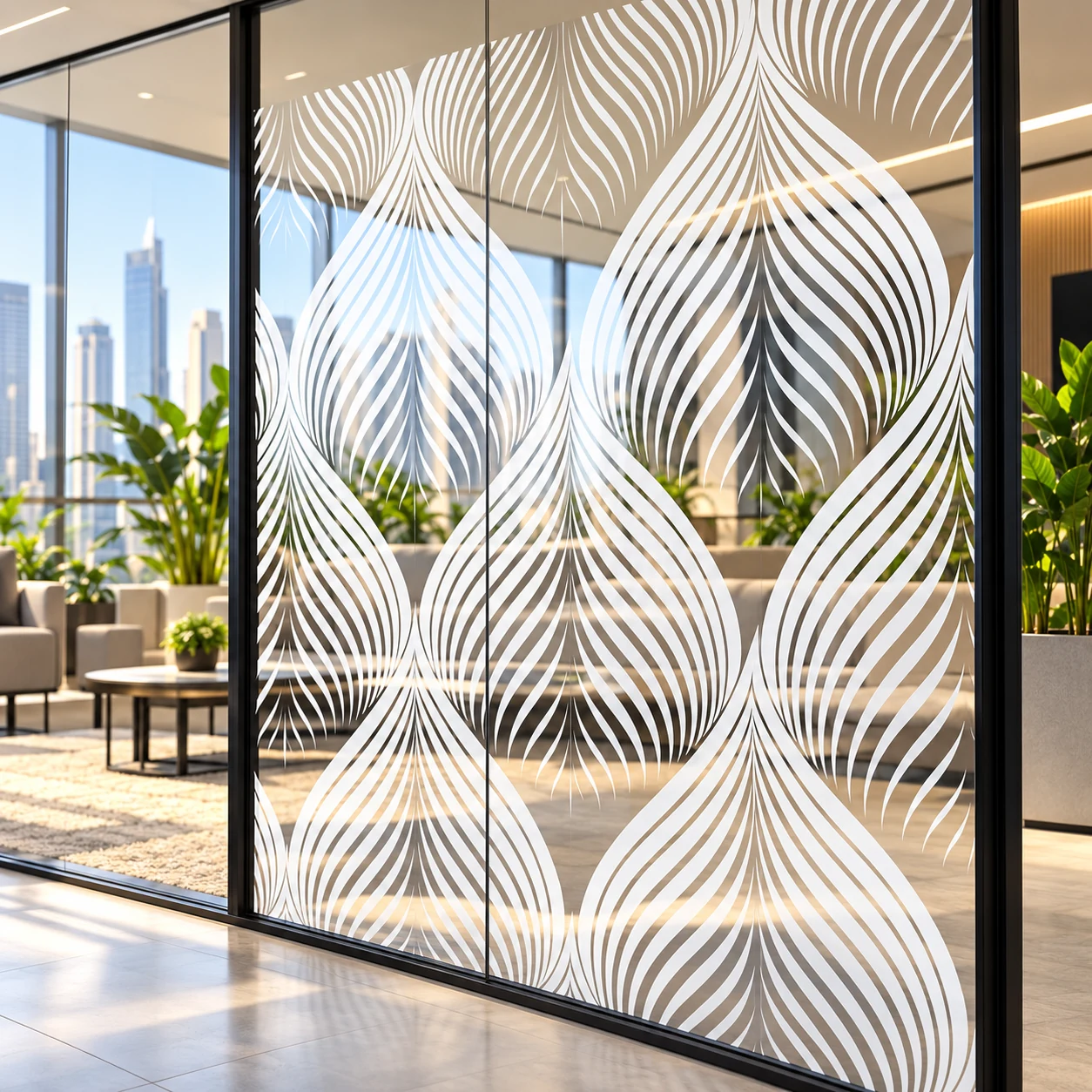 Full-height flowing white line pattern on office lounge glass